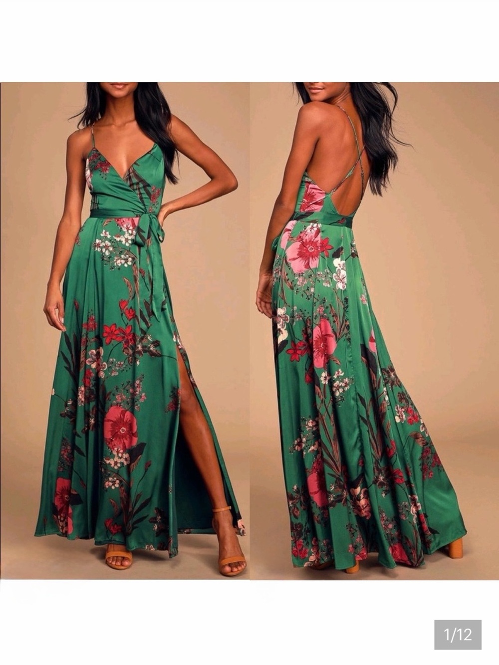 Lulus Still The One Emerald Green Floral Satin Maxi Dress XS Wedding Guest